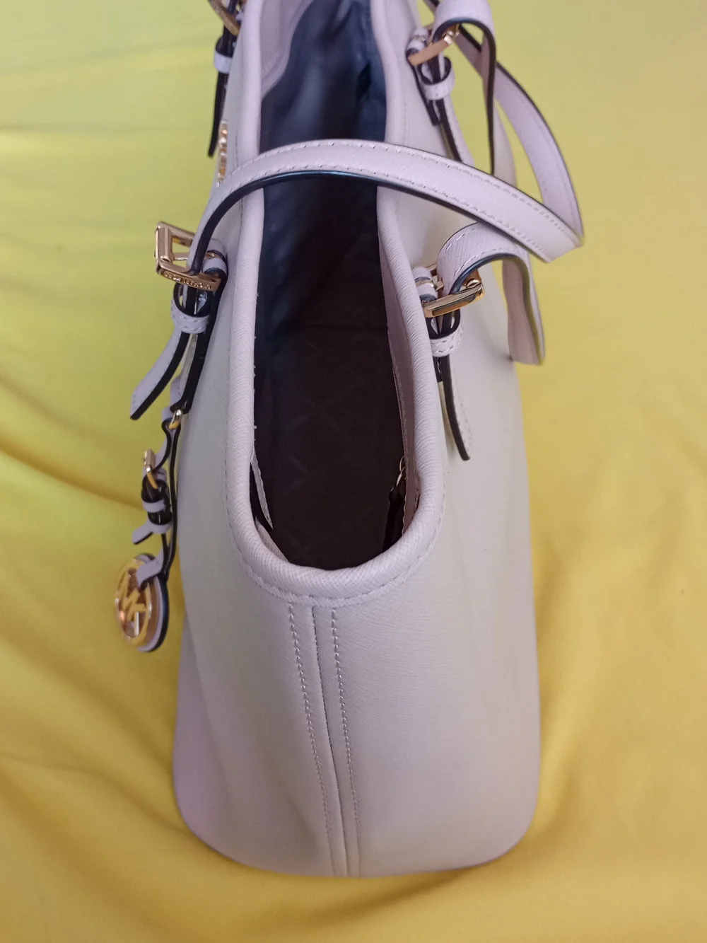 Michael Kors Cream Leather Tote with Gold Logo Charm